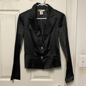 Arden B elegant black satin blazer with rhinestone buttons